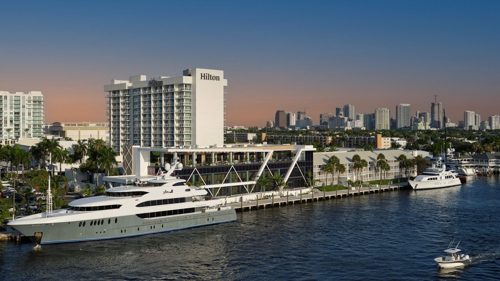 Hilton Fort Lauderdale marina hotel with yachts along the water
